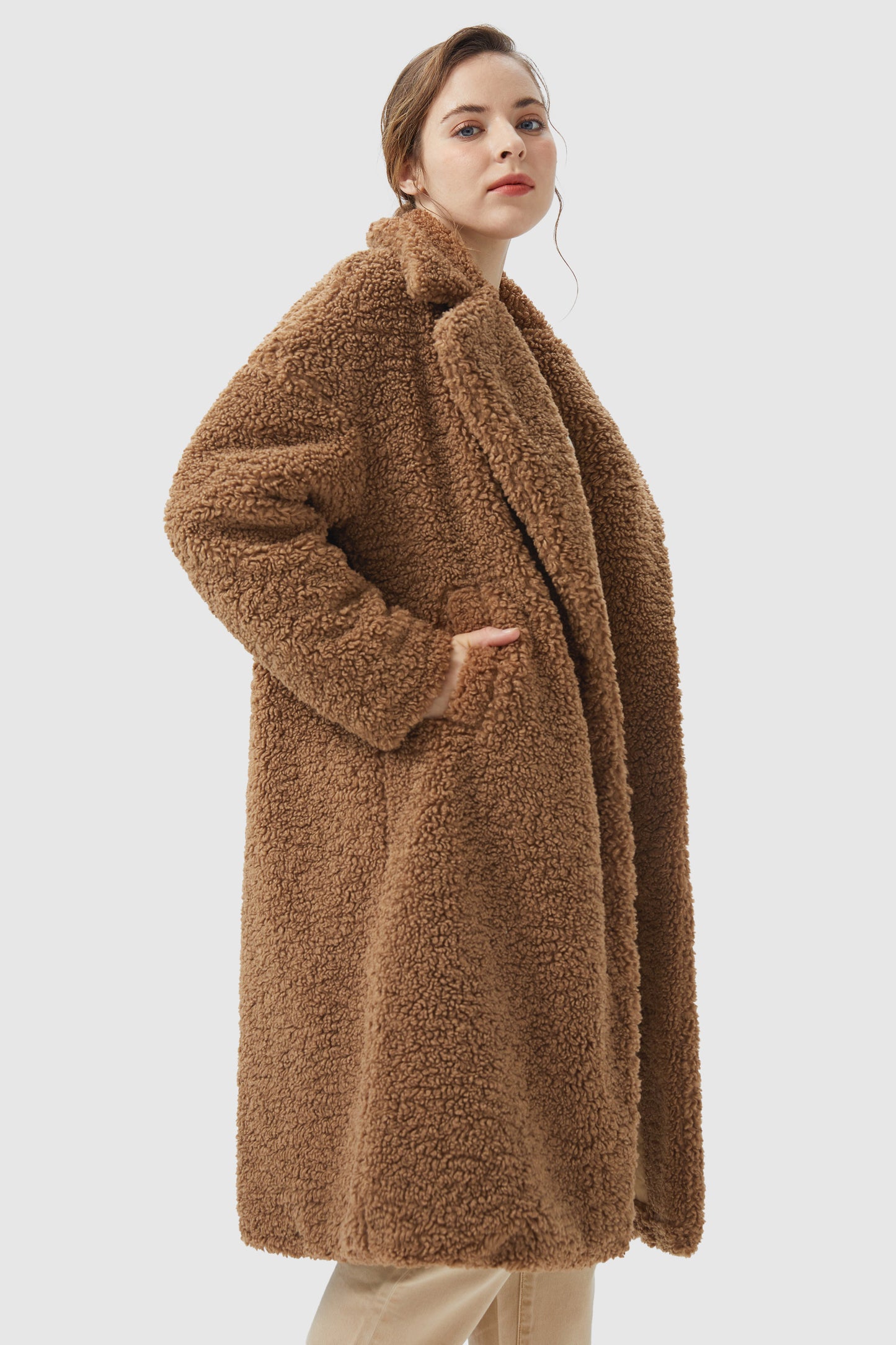 Knee Length Fuzzy Fleece Lapel Down Coat