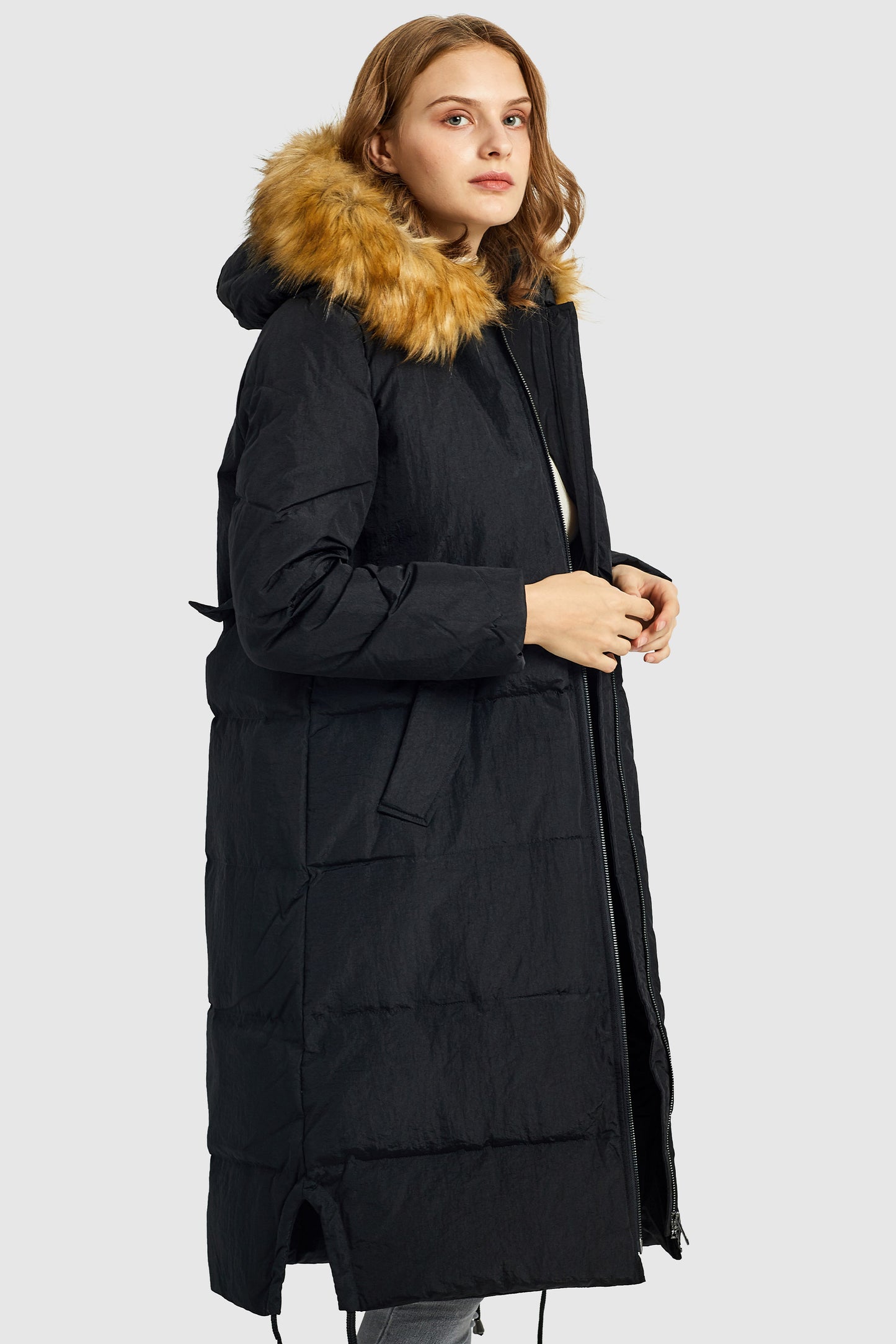 Winter Drawstring Down Coat Removable Faux Fur