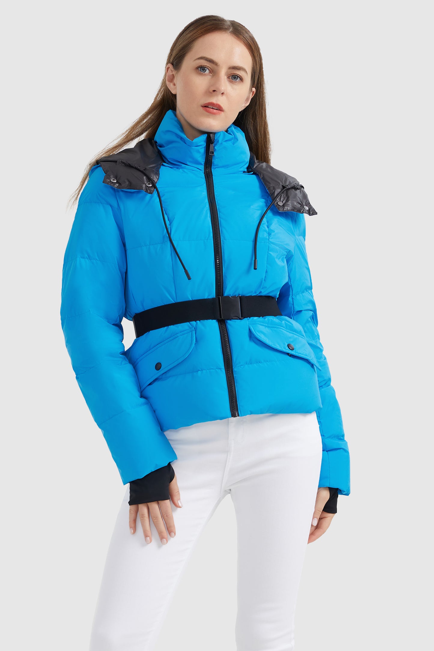 Drawstring Hooded Down Jacket with Detachable belt
