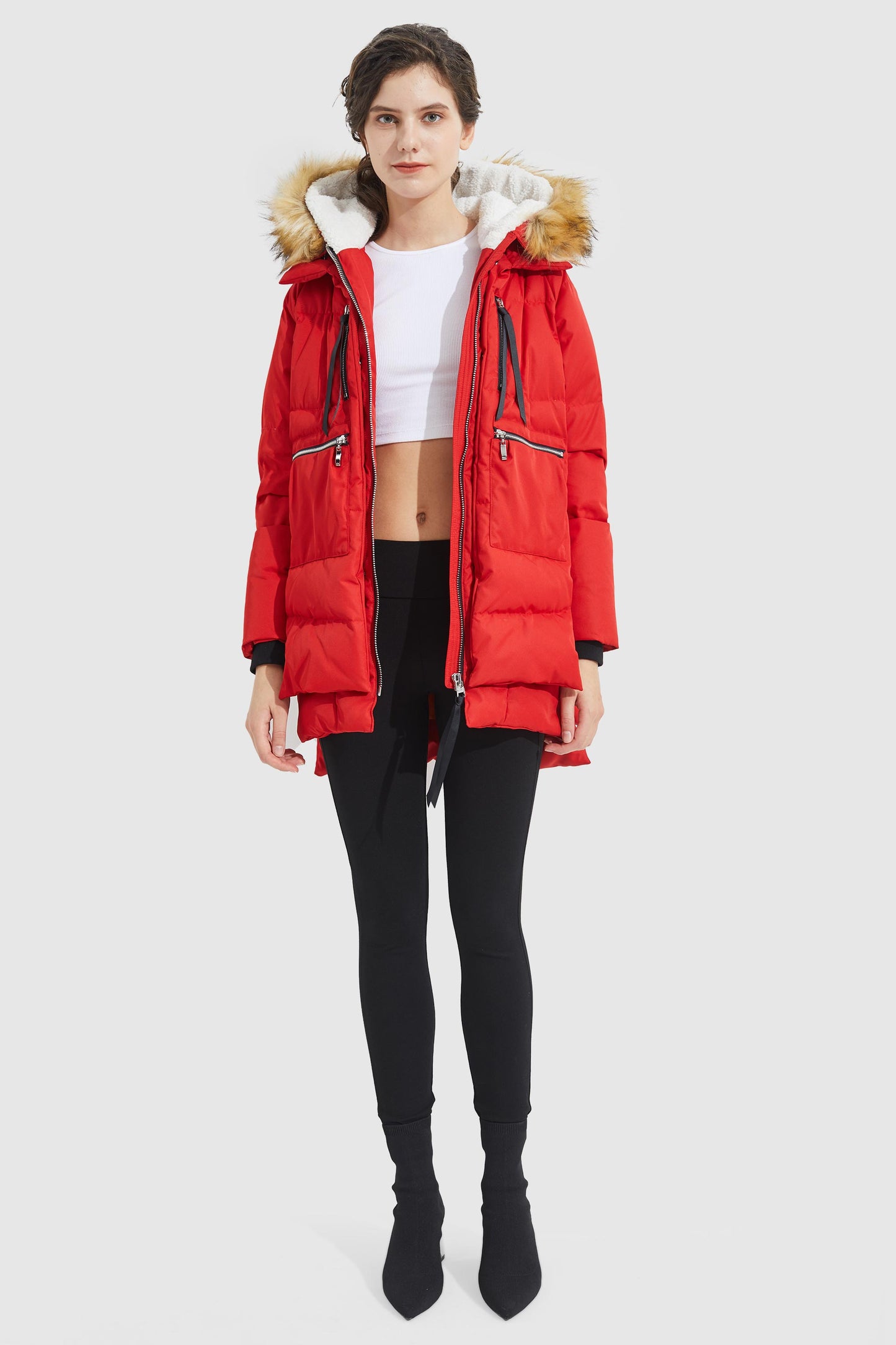 Zip front Thickened Down Jacket with Faux Fur Hood