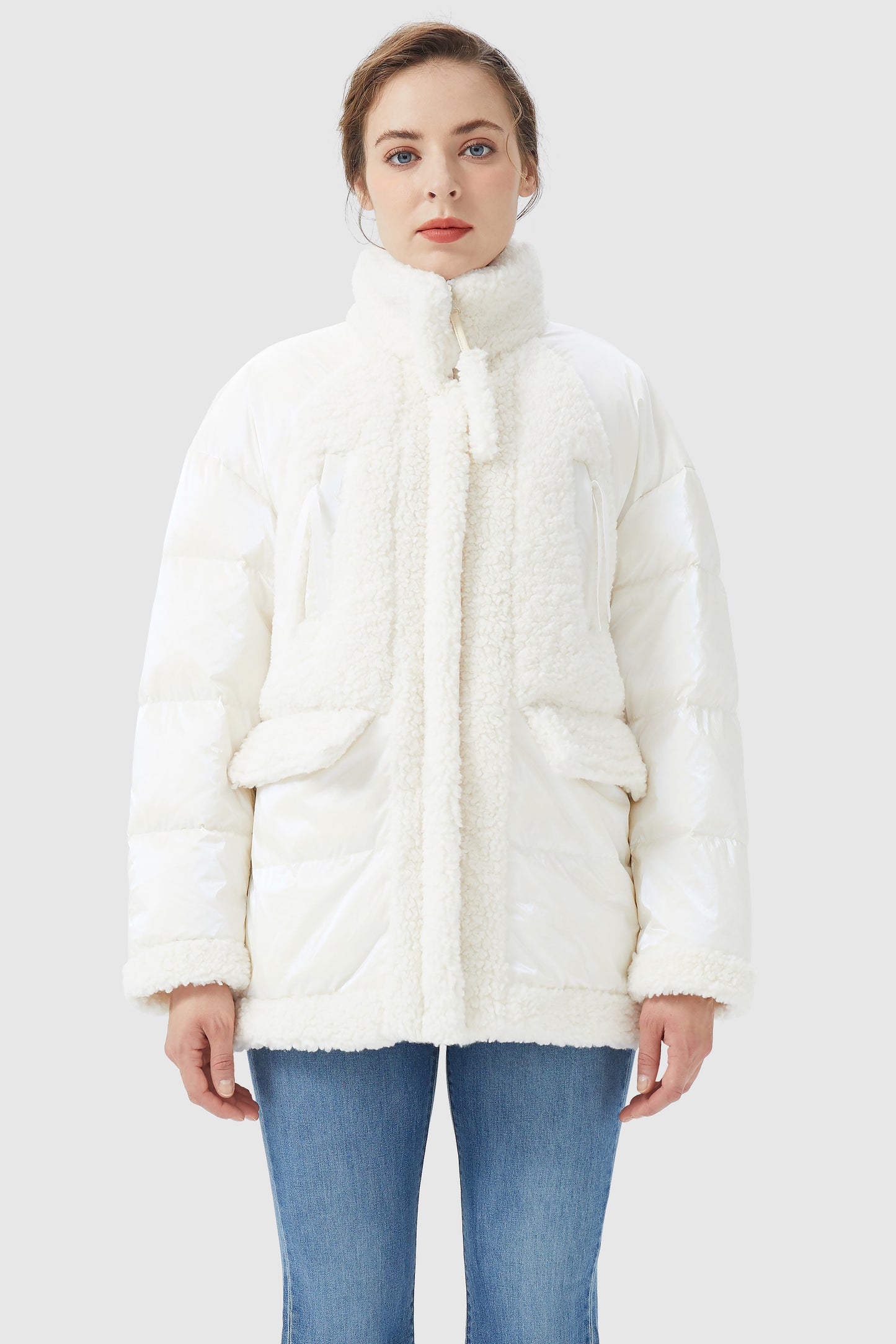 Mid length Fleece Winter Down Jacket